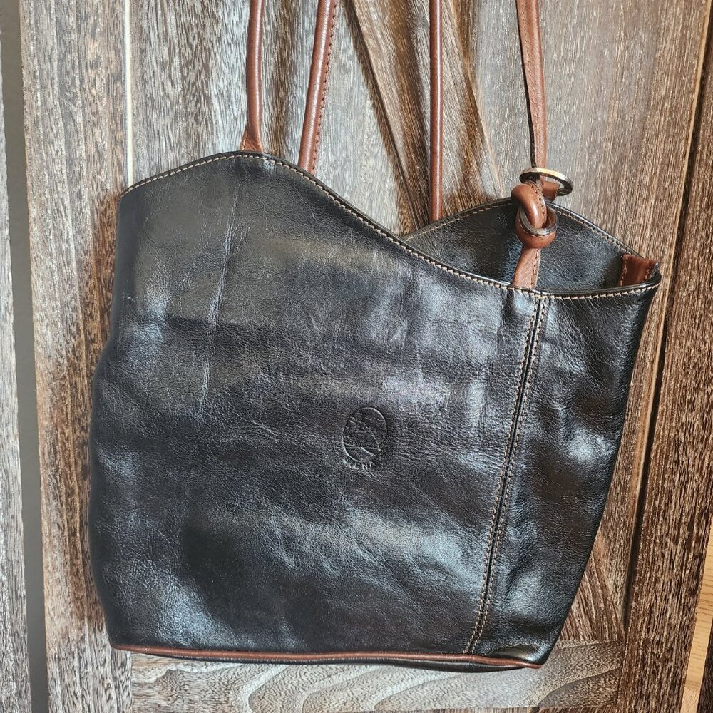 Siena Black Leather Purse Brown Convertible Straps Crossbody‎ Backpack Bag EUC